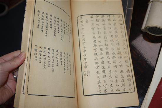 Six Chinese woodblock printed books, two printed calligraphic scrolls and a book on Chinese art
